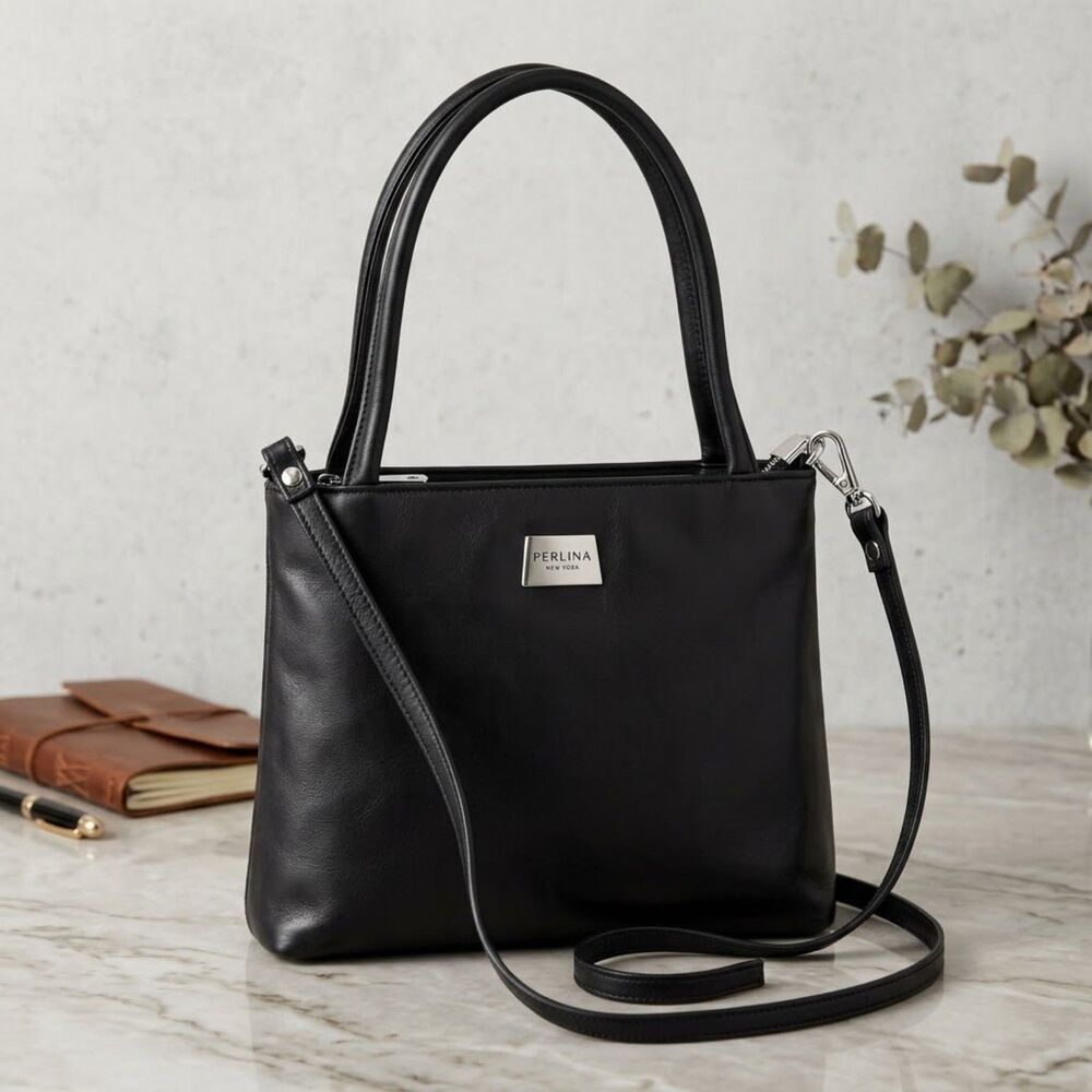 Perlina New York Quiet Luxury Smooth Black Leather Crossbody Tote Bag Minimalist